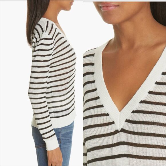 Veronica Beard Dean Striped Linen V-Neck Sweater Size Small Breton Ribbed - Picture 2 of 6